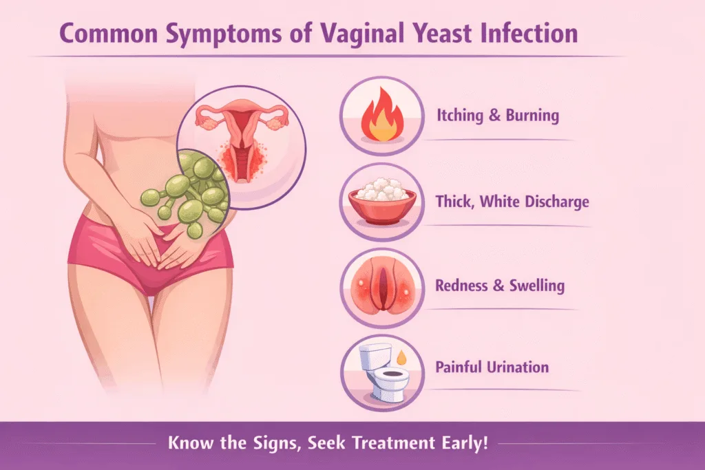 Common symptoms of vaginal yeast infection including itching burning thick white discharge redness swelling and painful urination