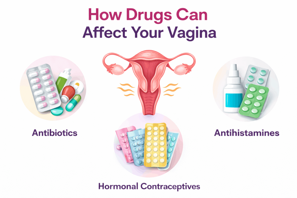 Illustration showing antibiotics, hormonal contraceptives, and antihistamines as common drugs that affect your vagina