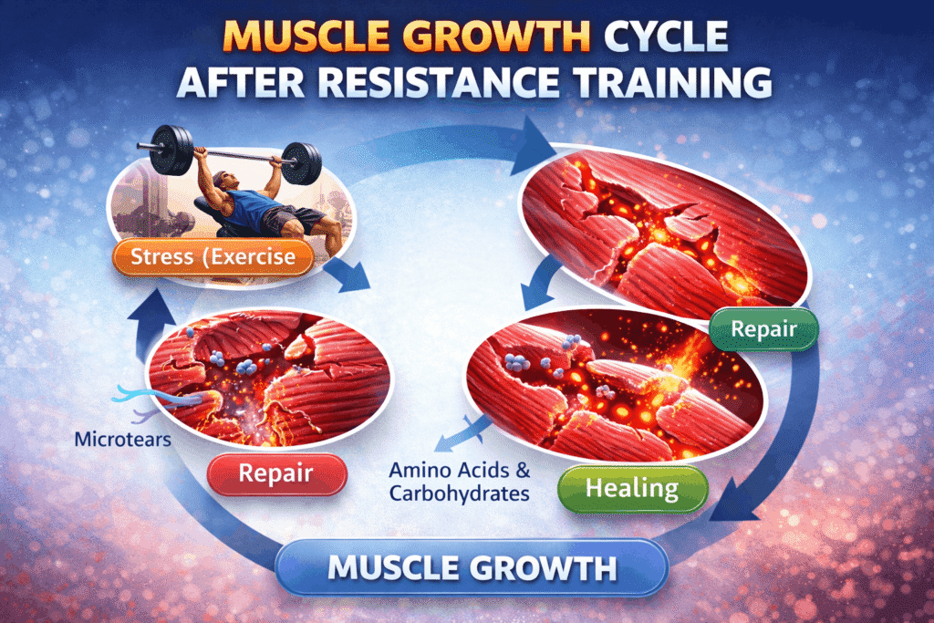 Diagram showing the muscle growth cycle after resistance training from exercise stress to repair and muscle growth