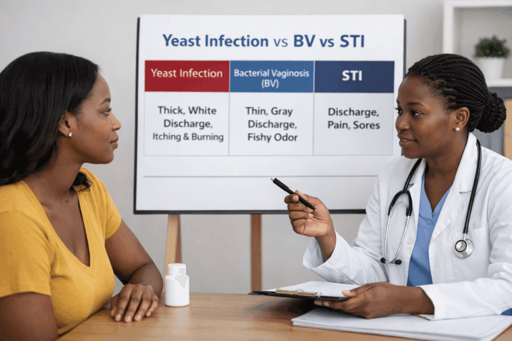 African doctor explaining the difference between yeast infection, bacterial vaginosis, and STI to a female patient