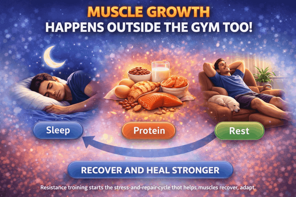 Illustration showing sleep, protein, and rest as key parts of muscle recovery and growth after exercise