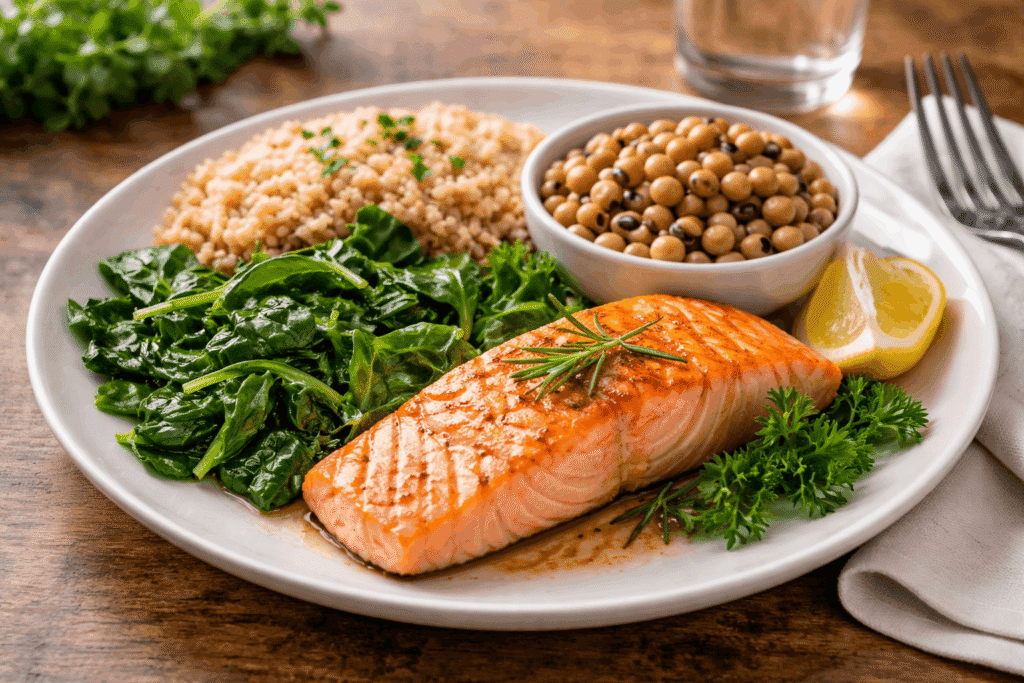 Heart-healthy meal with fish vegetables beans and whole grains