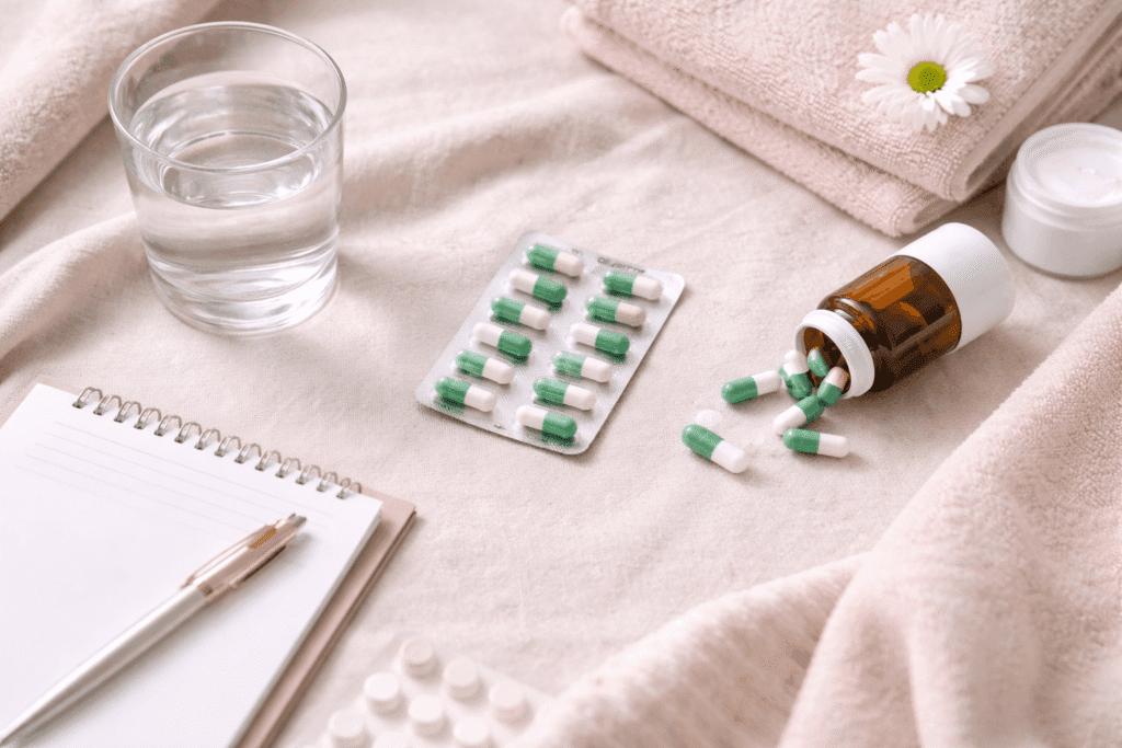 Antibiotics and feminine health items illustrating yeast infection risk