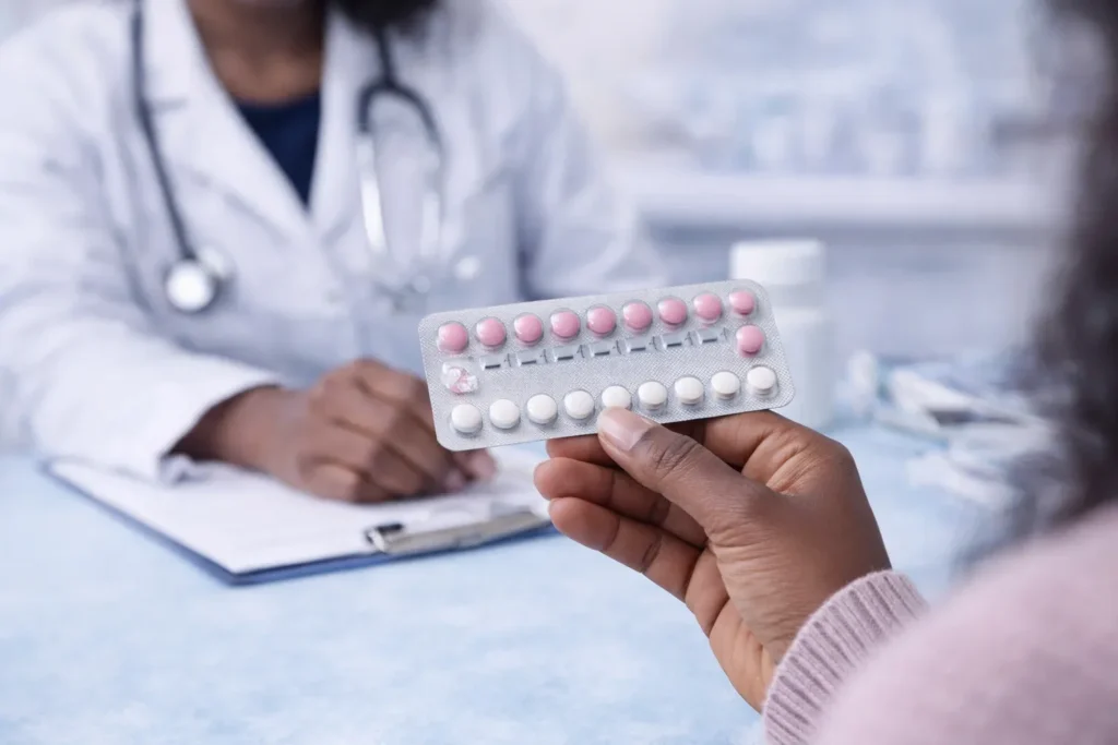 African woman holding a birth control pill pack during a medical consultation about yeast infection risk