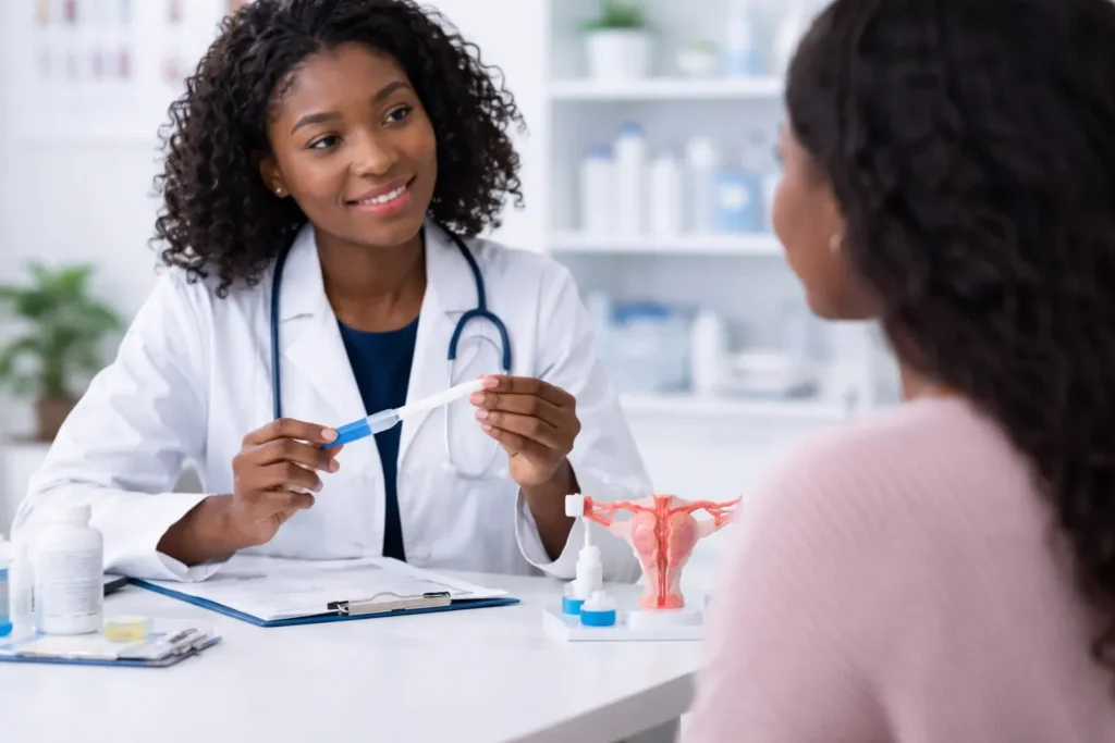 African woman speaking with a gynecologist about yeast infection symptoms and birth control concerns