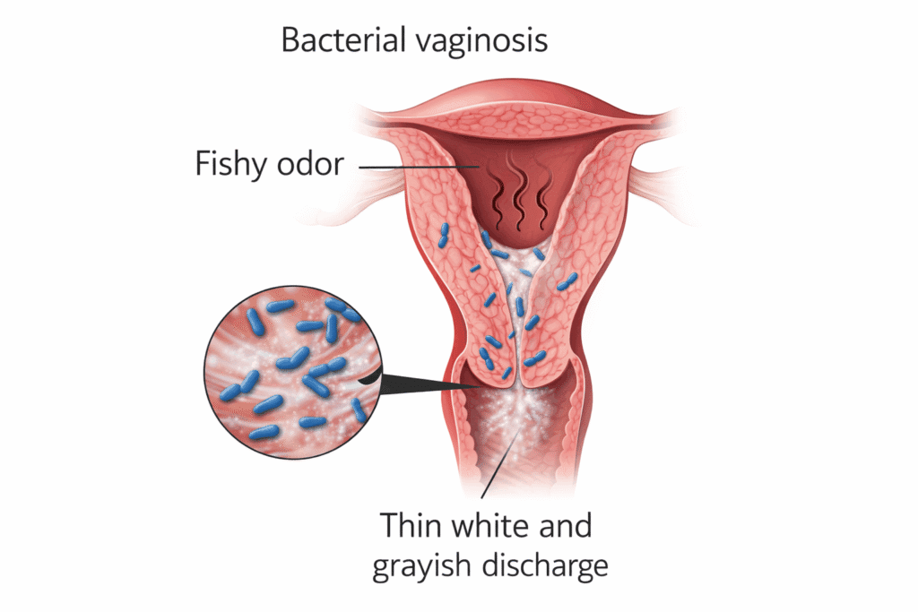 Common symptoms of bacterial vaginosis including thin white or gray discharge and fishy odor