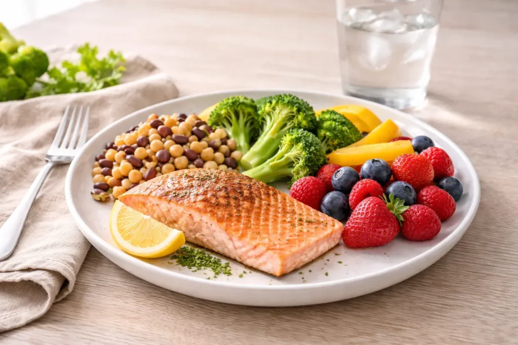Balanced meal plate for high blood pressure with grilled fish, beans, broccoli, berries, and peppers