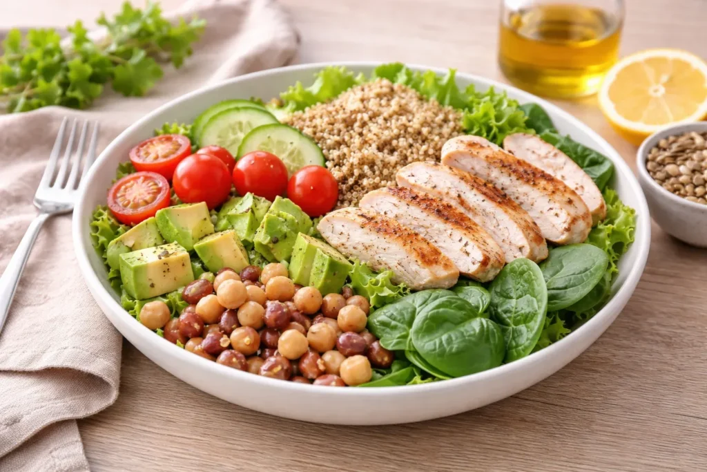 Healthy salad bowl for high blood pressure with grilled chicken, quinoa, chickpeas, avocado, cucumber, tomatoes, and leafy greens