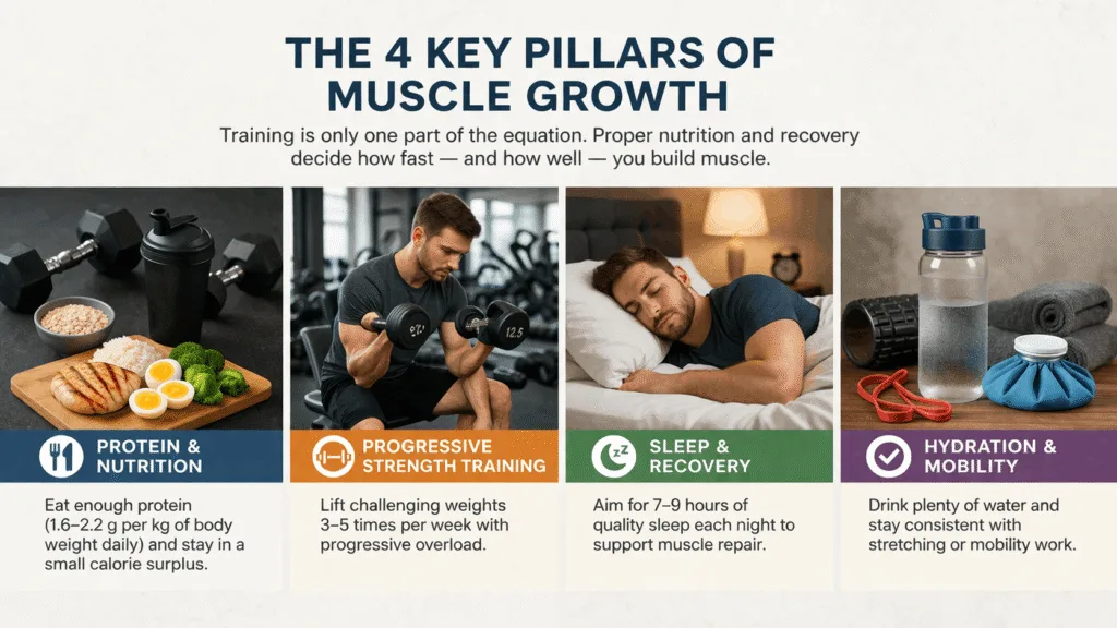 Protein-rich meal, shake, water, and sleep items supporting muscle growth and recovery