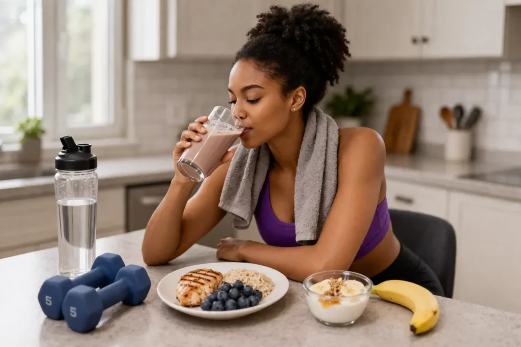 African woman having a post-workout recovery drink and meal after exercise