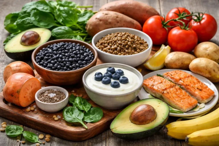 Potassium-rich foods for high blood pressure including beans, lentils, yogurt, spinach, tomatoes, salmon, avocado, potatoes, sweet potatoes, and bananas