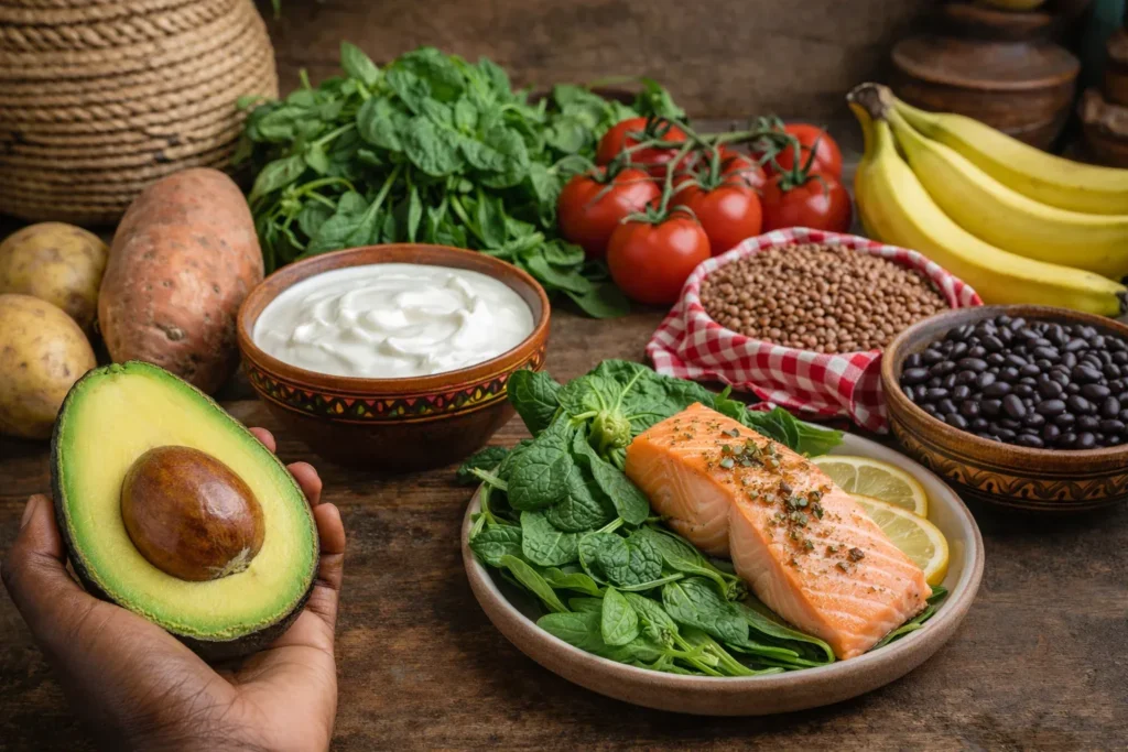 Potassium-rich foods for high blood pressure on an African-style kitchen table including avocado, beans, lentils, spinach, yogurt, tomatoes, bananas, sweet potato, potatoes, and salmon