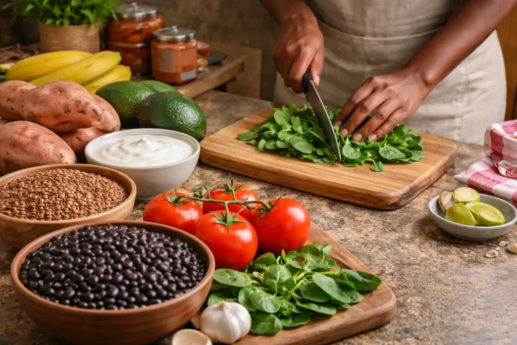 African woman preparing potassium-rich foods for high blood pressure with beans, lentils, yogurt, spinach, tomatoes, avocado, bananas, and sweet potatoes