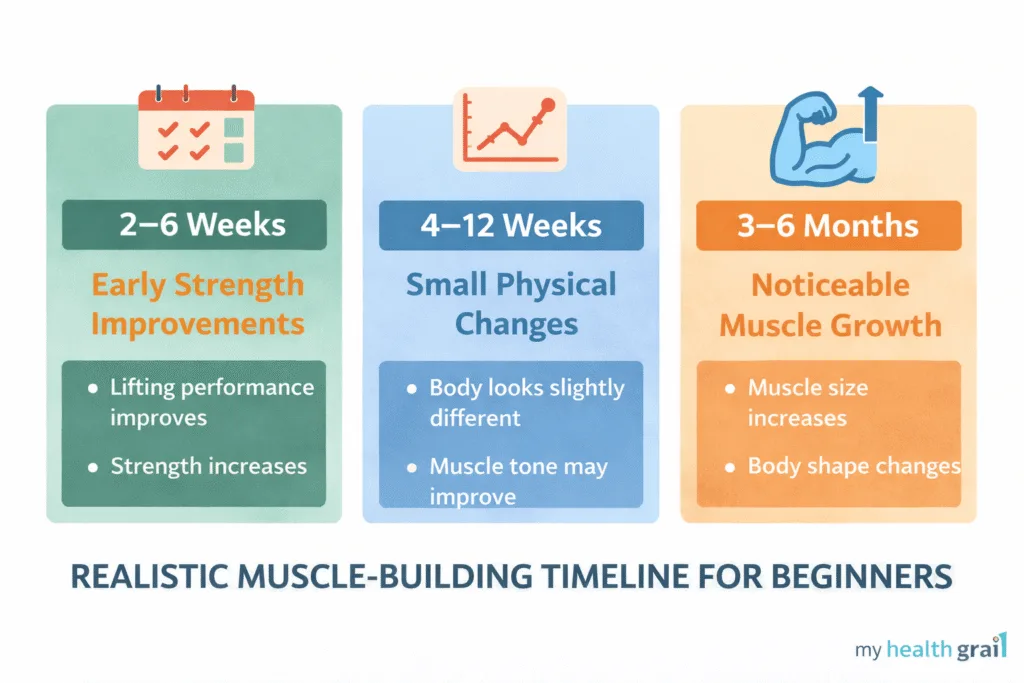 Infographic showing a realistic muscle-building timeline for beginners from 2 weeks to 6 months