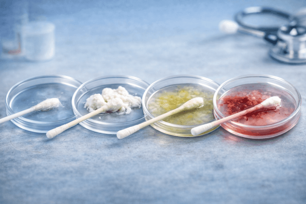 Comparison image showing different vaginal discharge patterns including clear watery, thick white clumpy, yellow-green, and blood-stained discharge