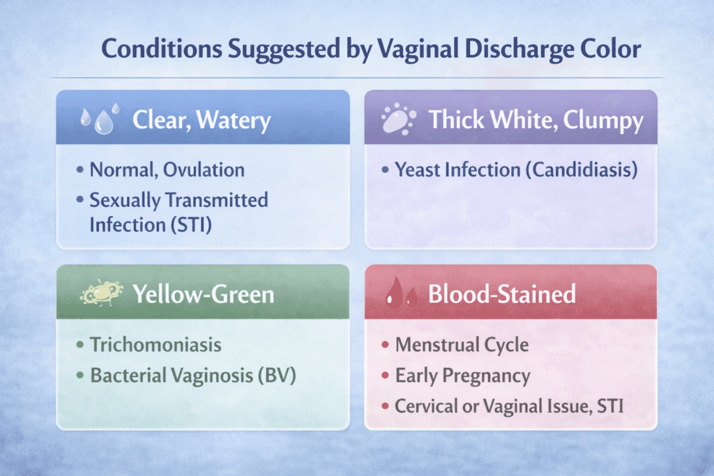 Infographic showing possible causes associated with different vaginal discharge colors and textures