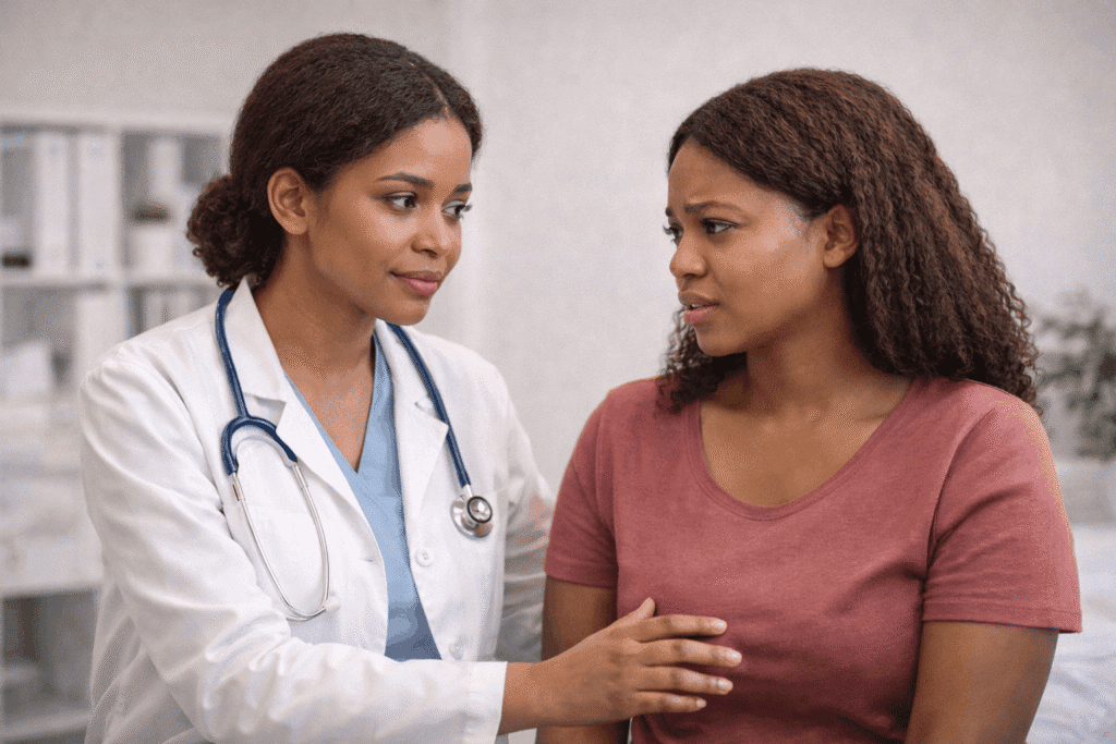 African woman discussing vaginal symptoms with an African female doctor