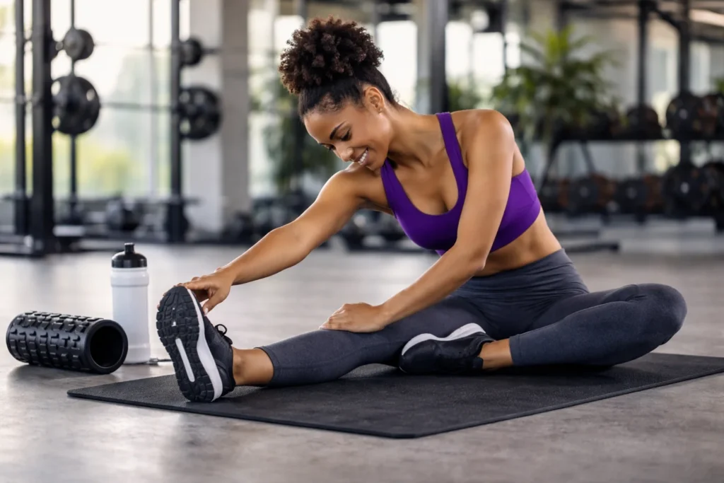African woman doing a recovery stretch after a workout in a gym