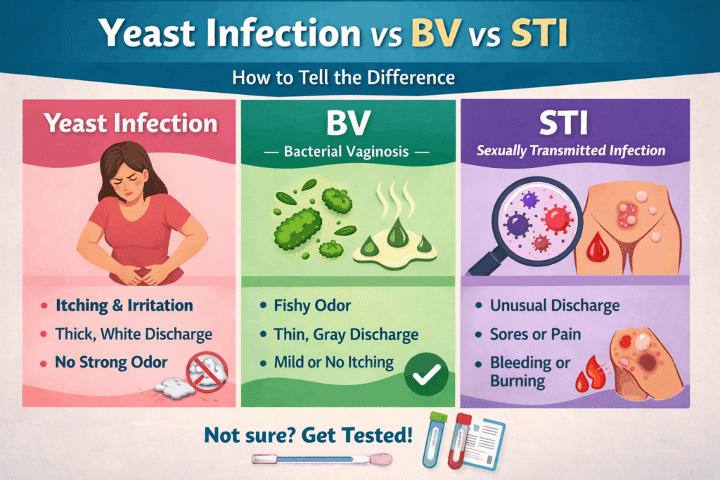 Infographic comparing yeast infection BV and STI symptoms