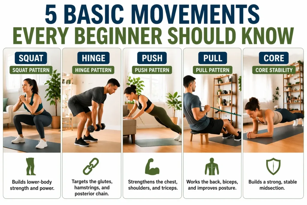 Collage showing five basic beginner strength training movements at home including squat hinge push pull and core