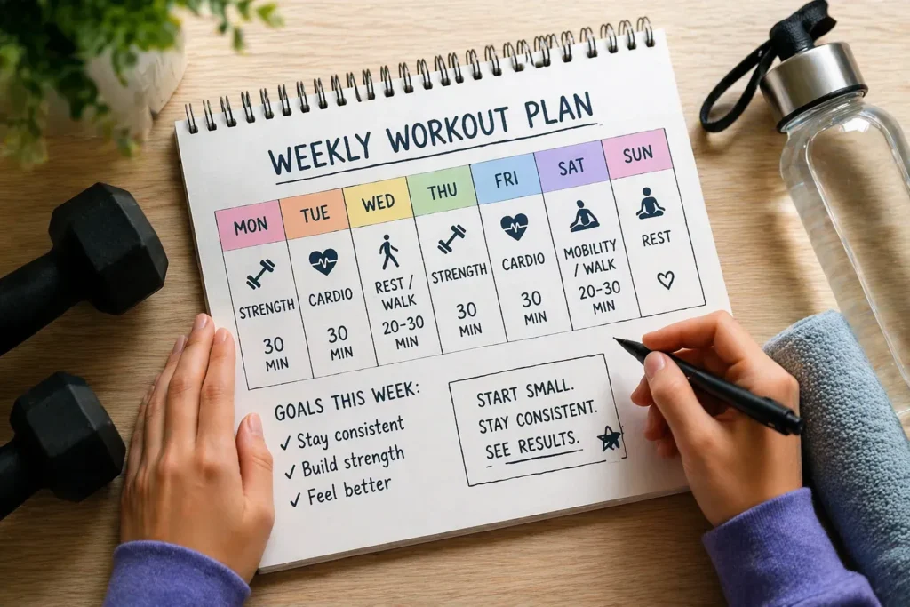Weekly beginner workout plan written in a notebook beside dumbbells and a water bottle