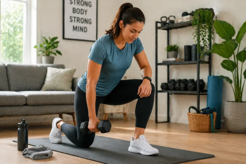 Beginner woman doing a dumbbell lunge during a home strength workout