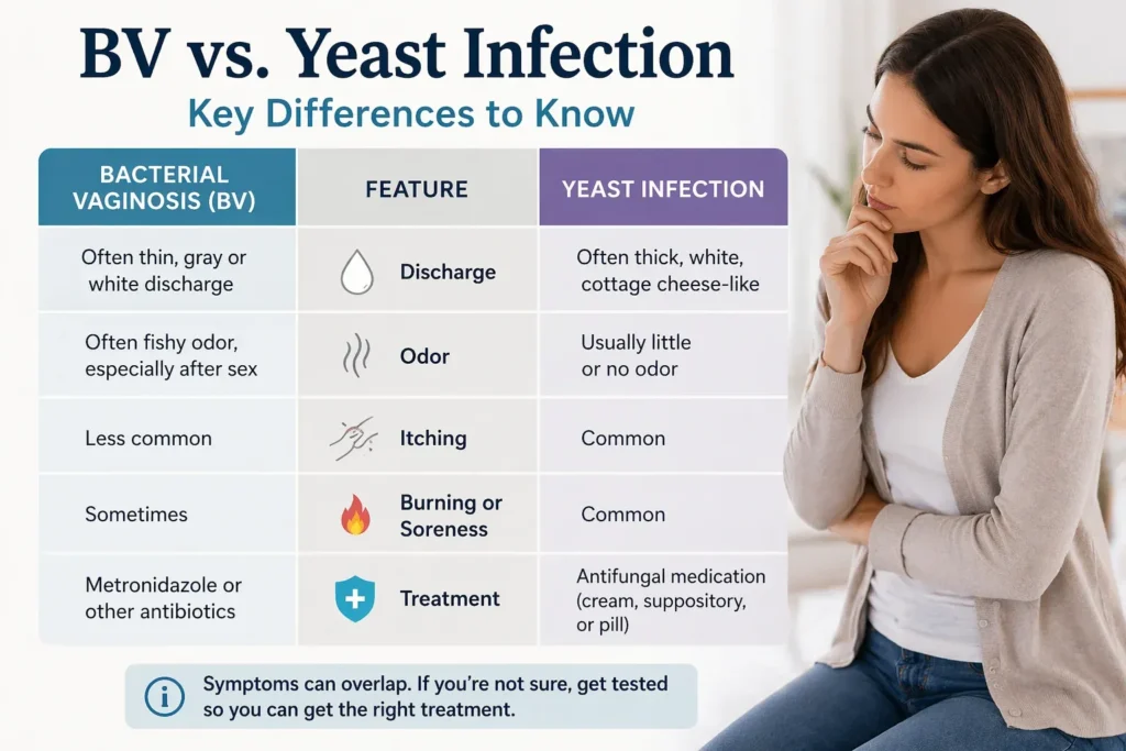 Infographic comparing bacterial vaginosis and yeast infection symptoms after metronidazole treatment