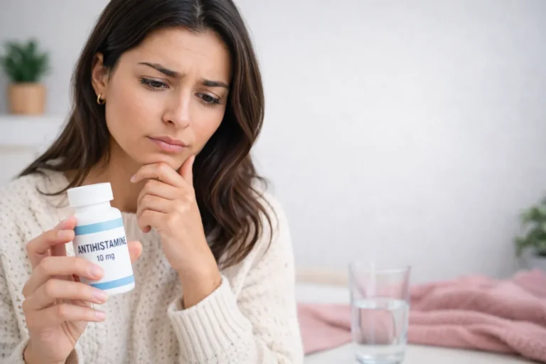 Woman holding an antihistamine bottle while thinking about possible vaginal dryness side effects