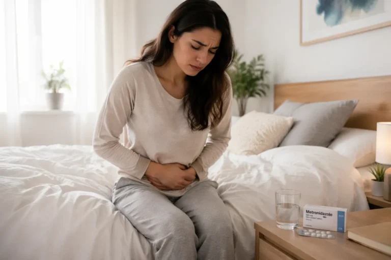 Woman sitting on a bed with discomfort after taking metronidazole