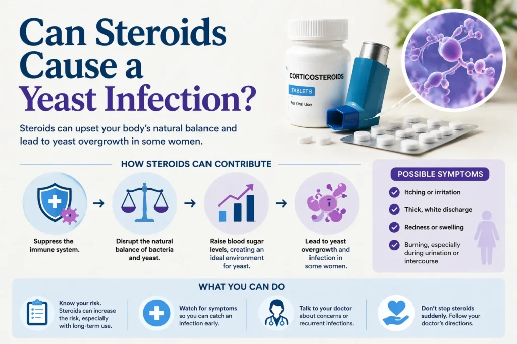 Infographic showing how steroids can contribute to yeast overgrowth and common yeast infection symptoms