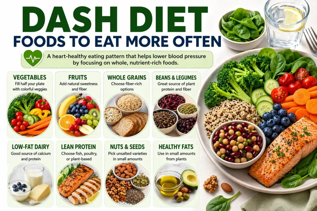 DASH diet foods to eat more often for high blood pressure including vegetables, fruits, whole grains, beans, lean protein, low-fat dairy, nuts, seeds, and healthy fats