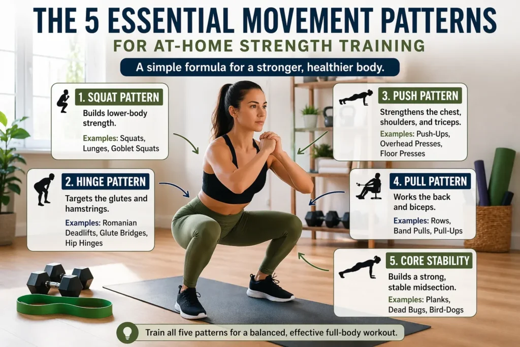 Infographic showing the five essential movement patterns for beginner strength training at home