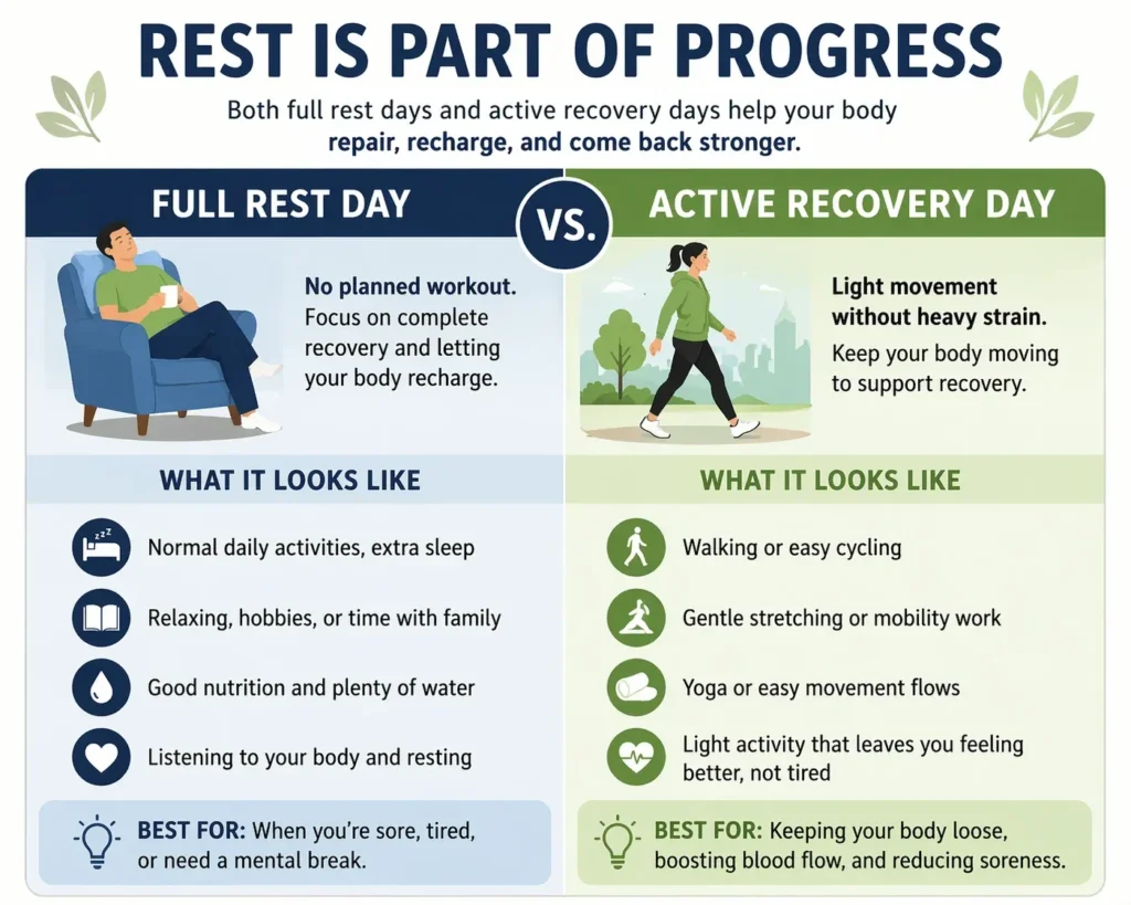 Infographic comparing a full rest day and an active recovery day for beginner fitness recovery
