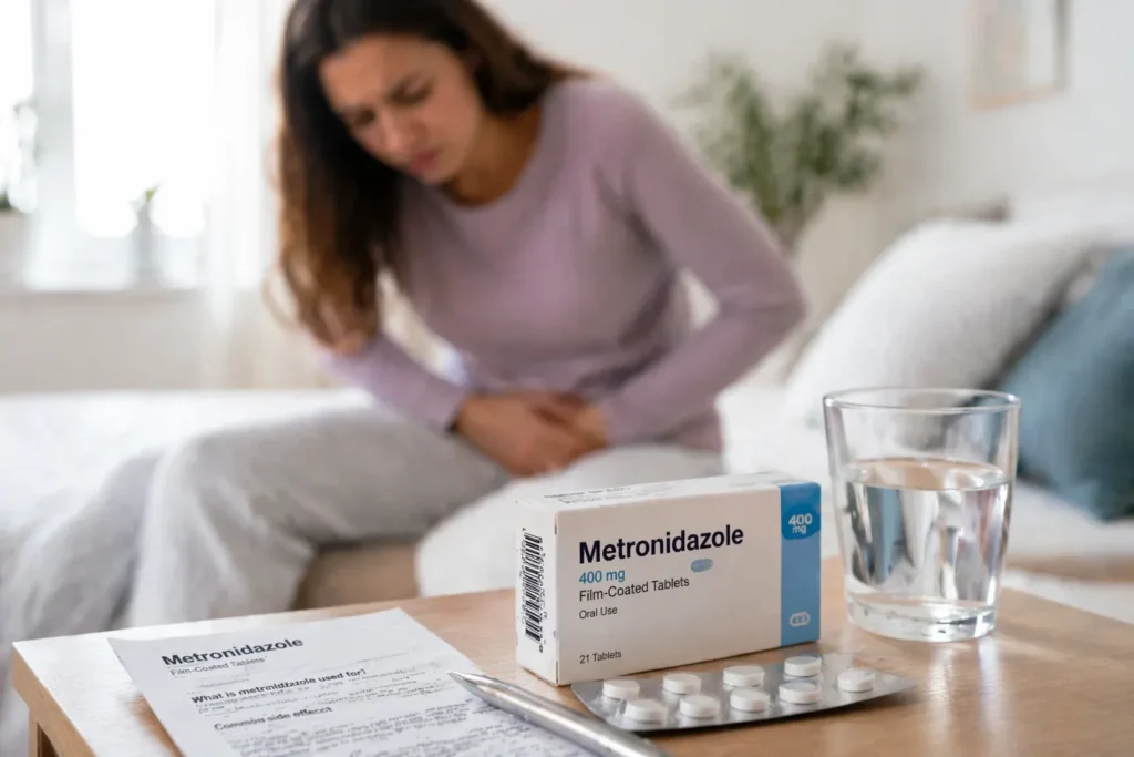 Metronidazole tablets and glass of water with woman experiencing discomfort in the background
