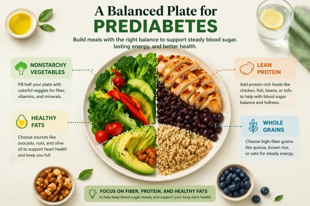 Balanced plate guide for prediabetes with vegetables, lean protein, whole grains, and healthy fats