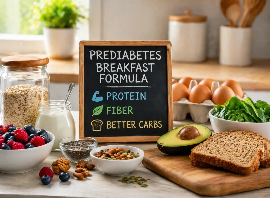 Prediabetes breakfast formula infographic showing protein fiber and better carbs with oats eggs berries yogurt seeds avocado spinach and whole grain bread