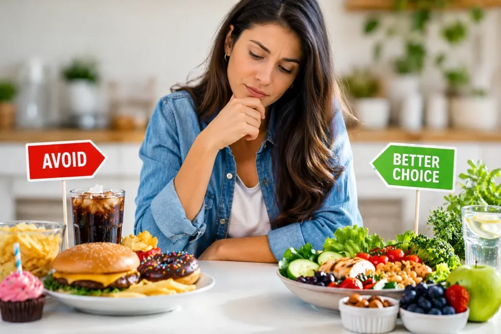 Woman comparing unhealthy foods and healthier choices while thinking about what to avoid with prediabetes