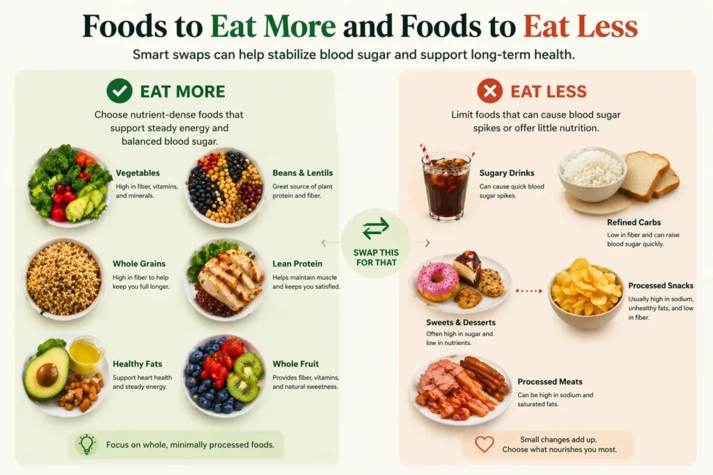 Prediabetes foods to eat more and foods to eat less infographic