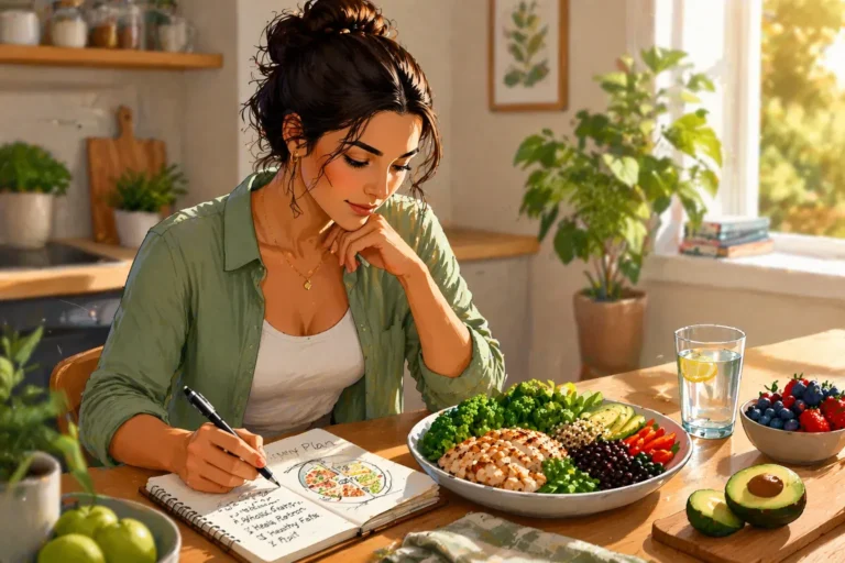 Woman planning a healthy prediabetes-friendly meal in a bright kitchen