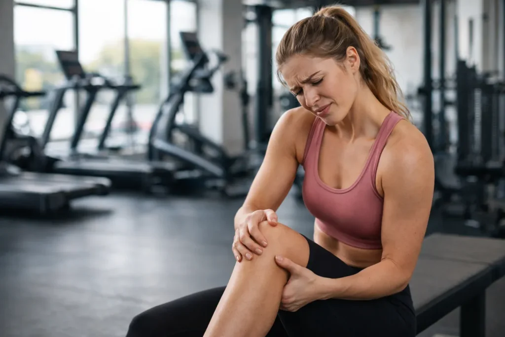 Woman in a gym massaging her sore leg after a workout
