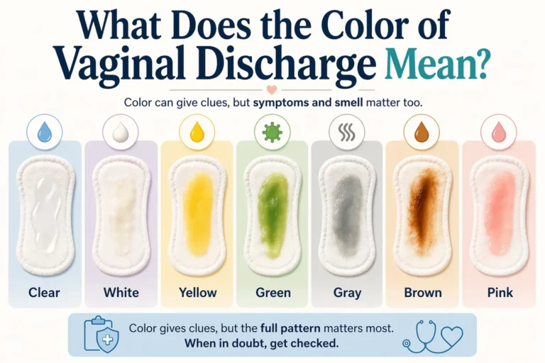 Clean infographic showing common vaginal discharge colors including clear, white, yellow, green, gray, brown, and pink