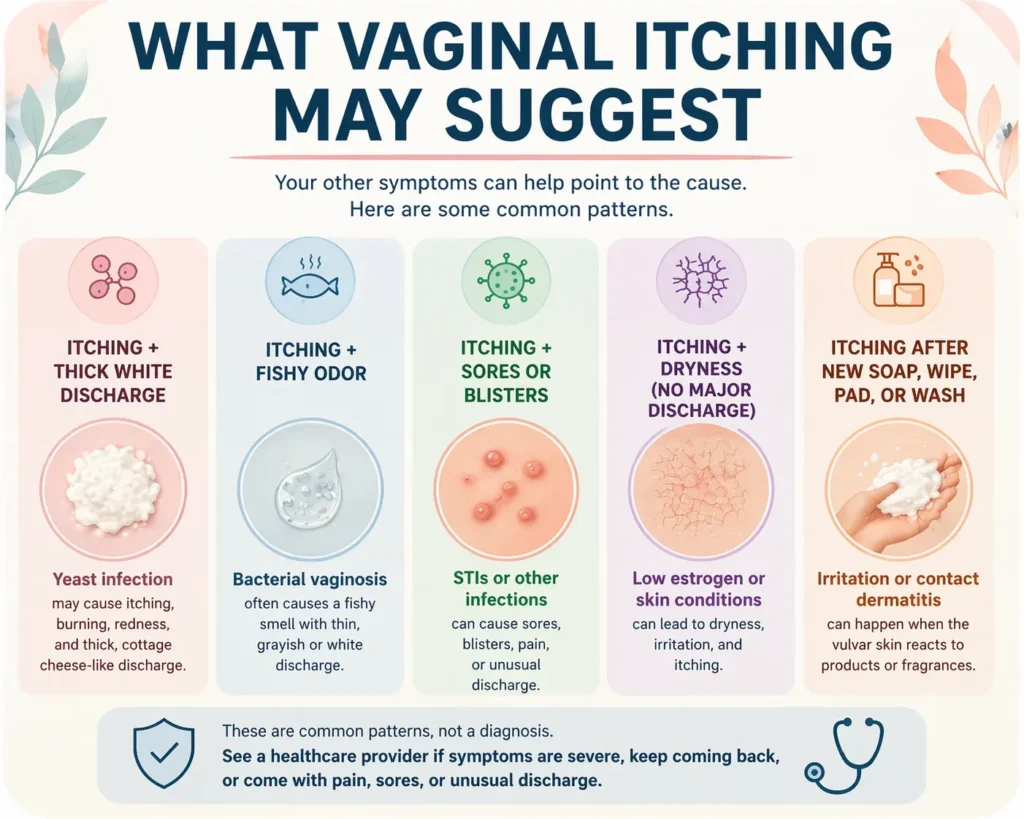 Infographic showing common symptom patterns that may suggest different causes of vaginal itching