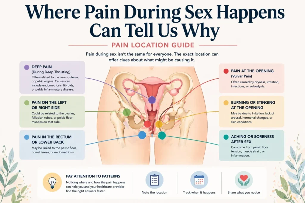 Infographic showing where pain during sex happens and what different pain locations may mean
